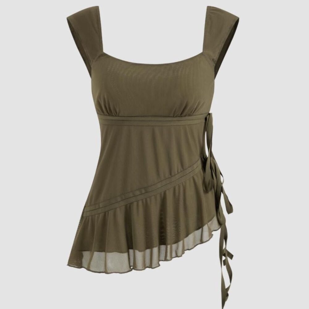 Mesh U-neckline Asymmetrical Ruffle Trim Knotted Tank Medium Fairy Core Festival
